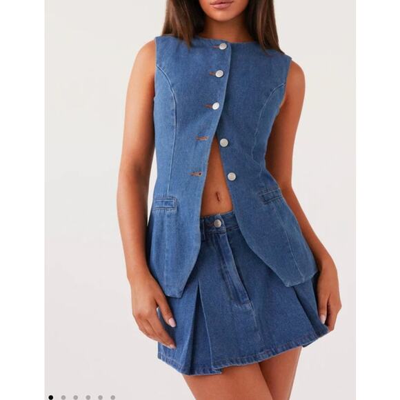 Peppermayo Vest Born for Bordeaux  & Mini Skirt Ashlyn Set Denim Size US0 Blue - Picture 5 of 5